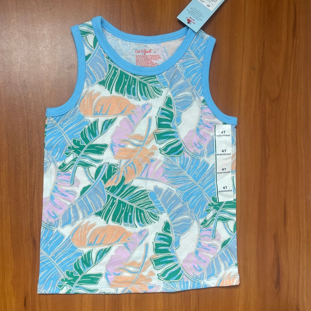Cat & Jack Girls 4T Tropical Palm Leaf Summer Tank Top & Bike Shorts Set Blue - Picture 3 of 9